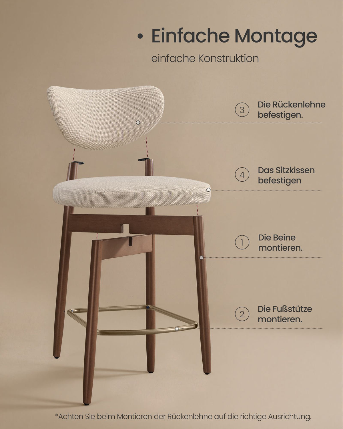 2er-Set Barhocker Mit Rückenlehne - Leinenoptik Mit Massiven Holzbeinen - Extra Dickes Sitzkissen