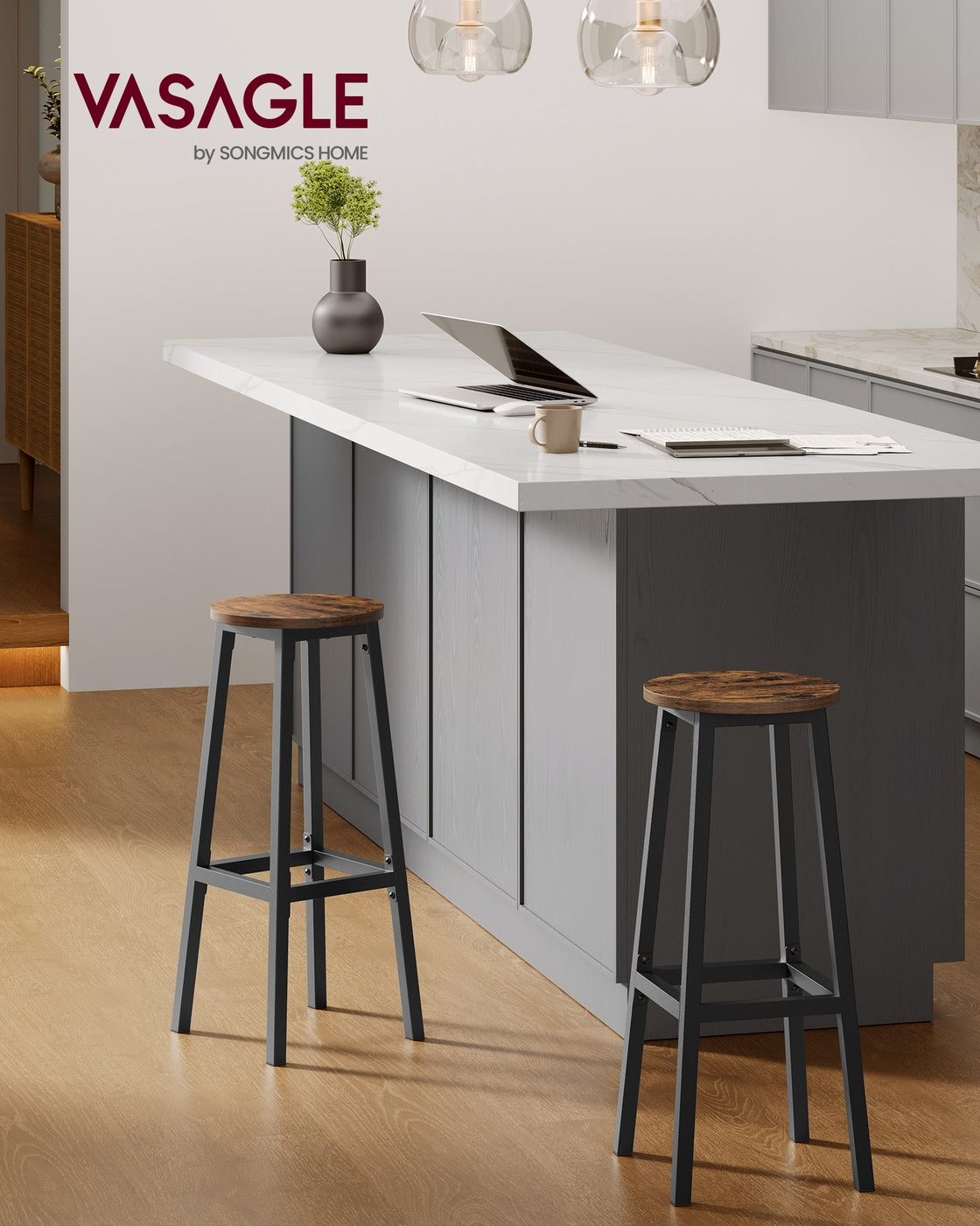 Barhocker 2er Set – Vintage Braun-Schwarz – Mit Fußstütze – 74 cm hoch – Industriedesign – Bis 110 kg belastbar