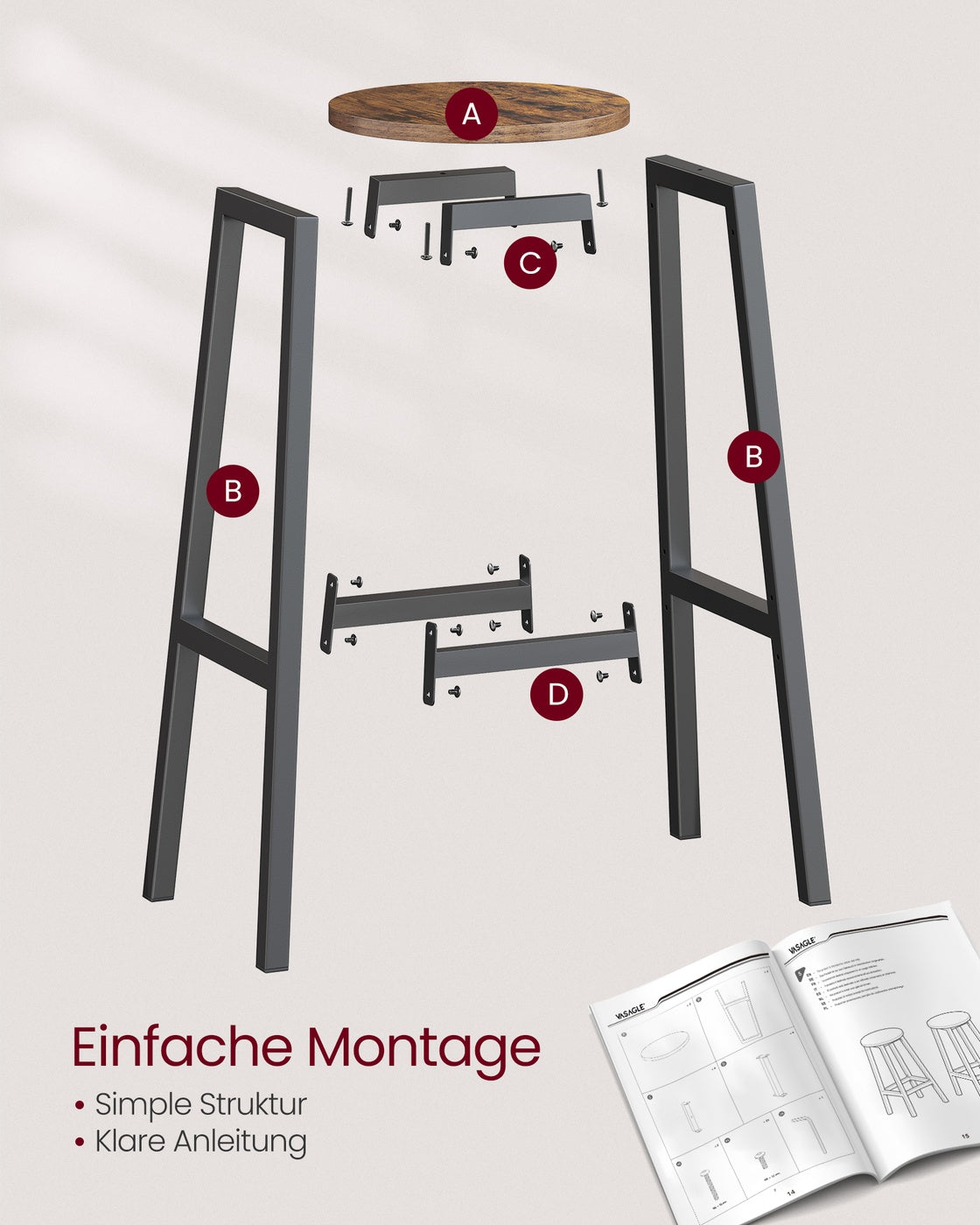 Barhocker 2er Set – Vintage Braun-Schwarz – Mit Fußstütze – 74 cm hoch – Industriedesign – Bis 110 kg belastbar