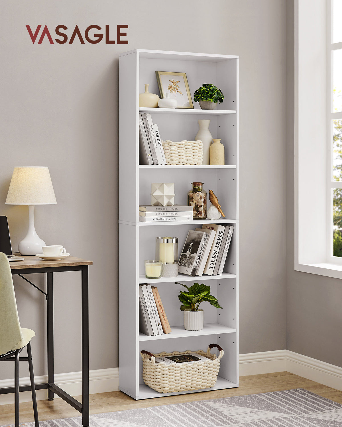 Bücherregal mit verstellbaren Regalböden – Skandinavisches Design – Weiß – 60 cm breit