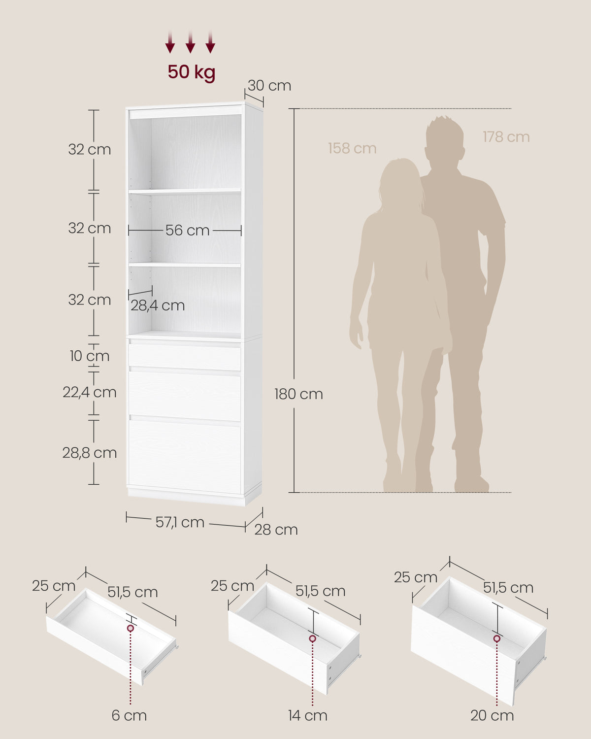 Bücherregal mit Schubladen und verstellbaren Einlegeböden – 180 cm hoch – Multifunktionaler Aufbewahrungsschrank – Weiß – Spanplatte