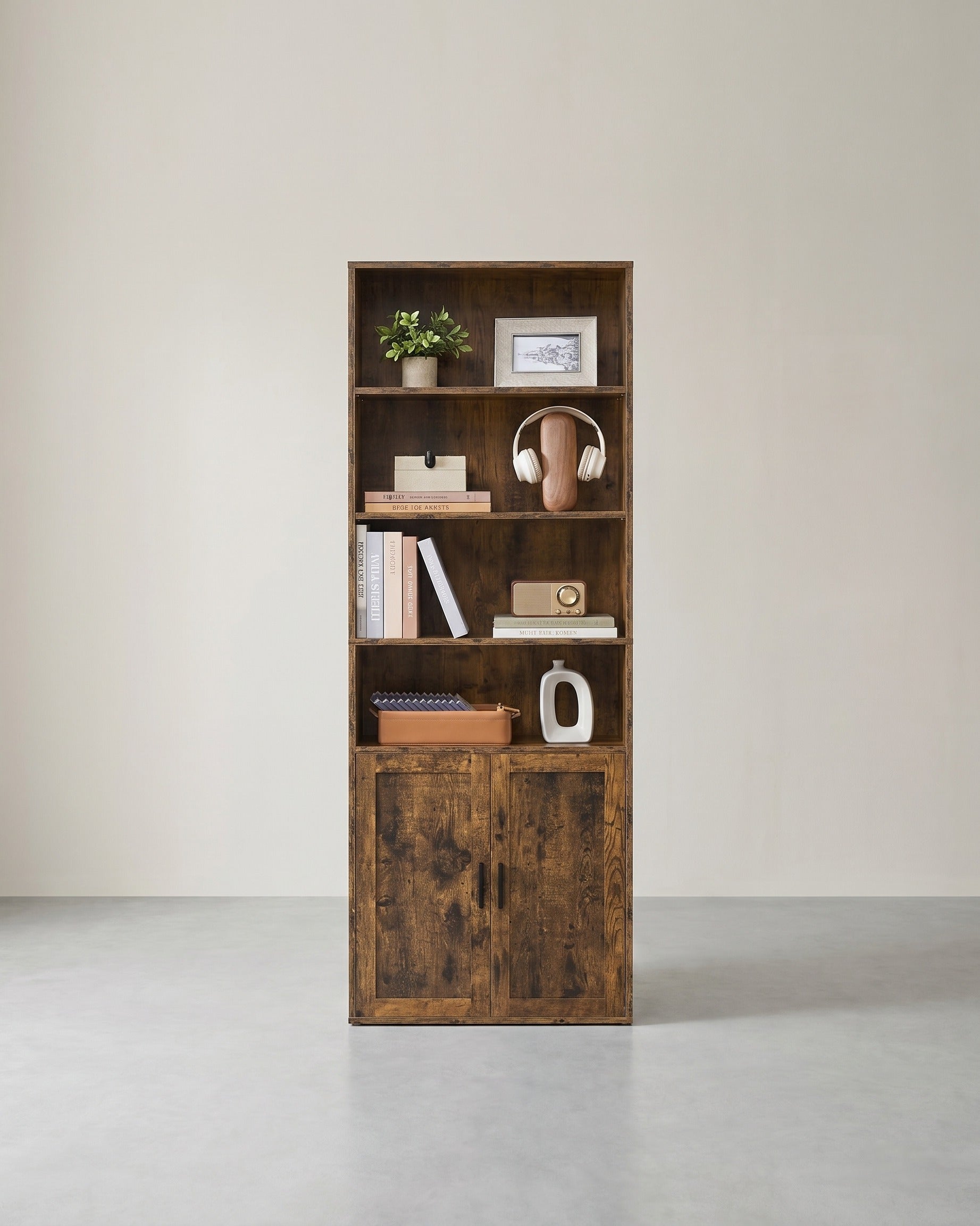 Bücherregal mit Schrank und offenen Fächern – Schmaler Aufbewahrungsschrank – Verstellbare Einlegeböden – MDF & Spanplatte – Braun