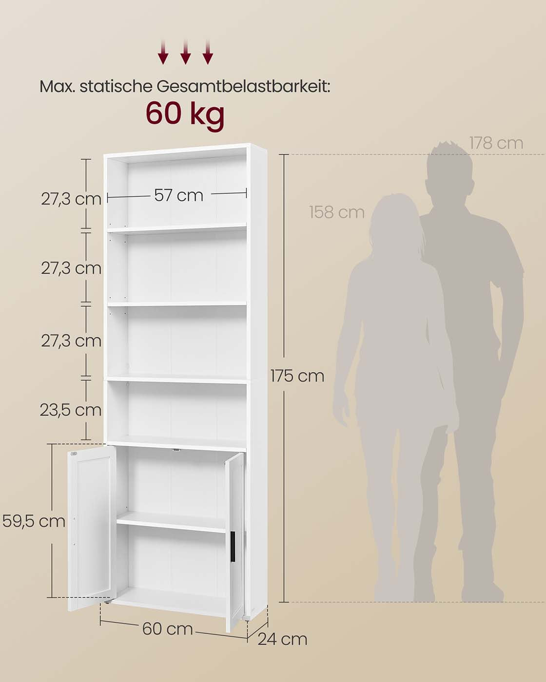Bücherregal mit Schrank und offenen Fächern – Schmaler Aufbewahrungsschrank – Verstellbare Einlegeböden – MDF & Spanplatte