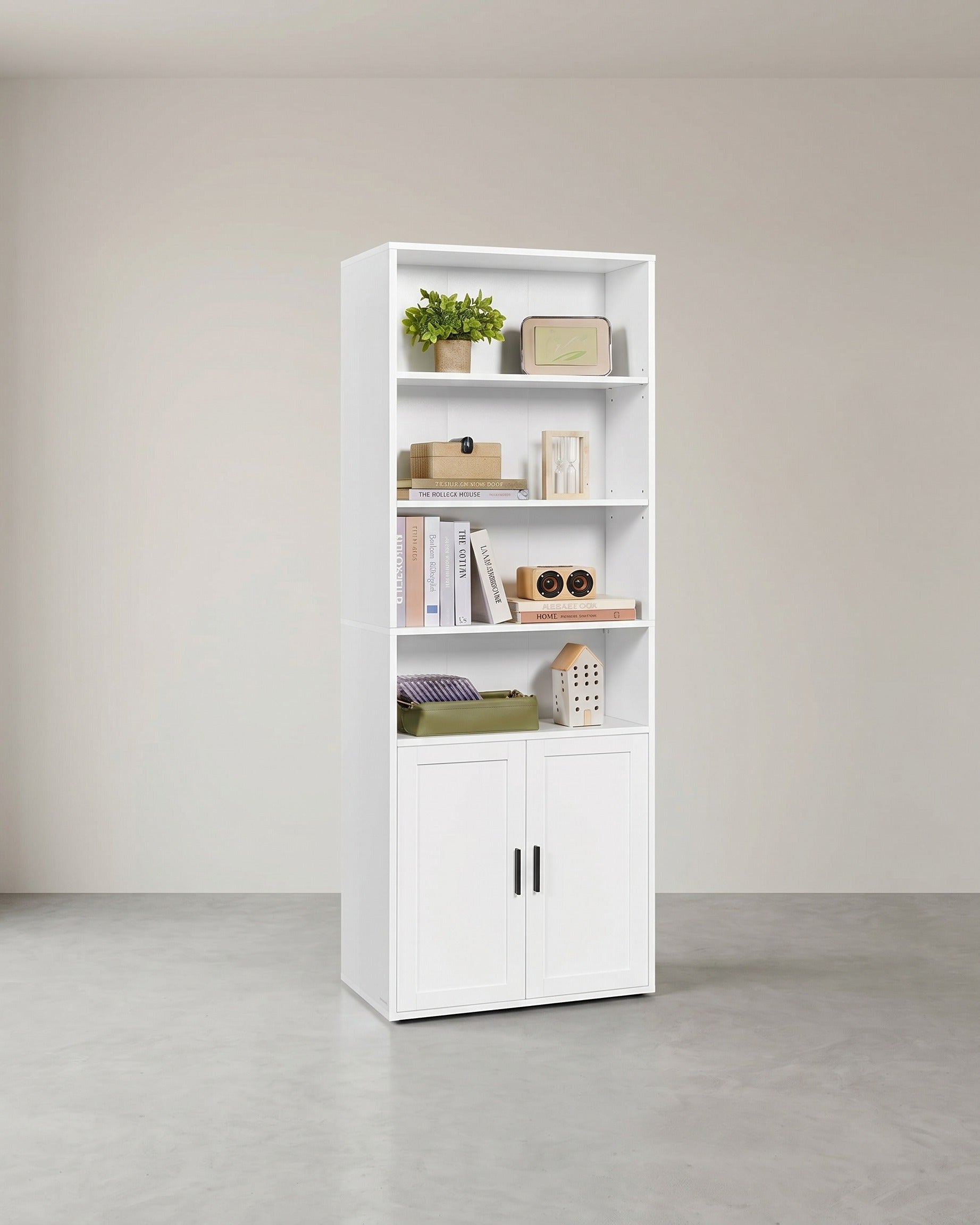 Bücherregal mit Schrank und offenen Fächern – Schmaler Aufbewahrungsschrank – Verstellbare Einlegeböden – MDF & Spanplatte – Weiß