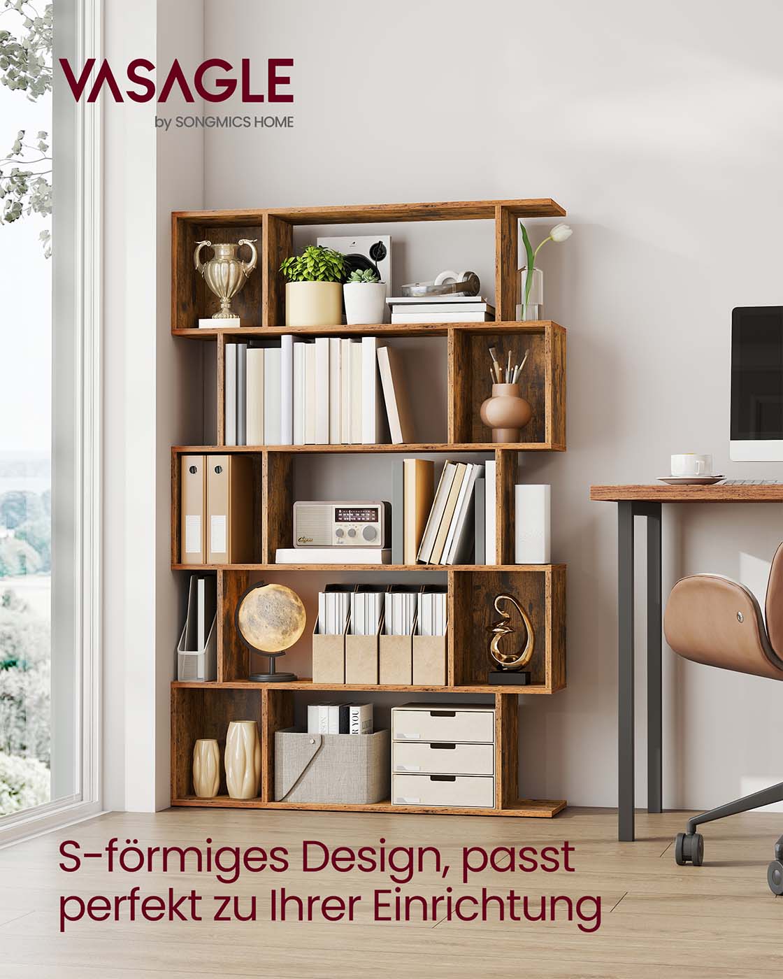 Bücherregal – S-förmiges Design – 5 Ebenen – 90 cm breit – 30 kg Tragkraft pro Ebene