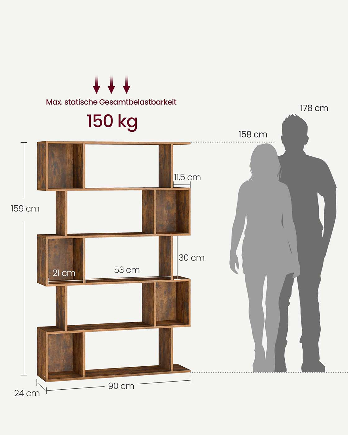 Bücherregal – S-förmiges Design – 5 Ebenen – 90 cm breit – 30 kg Tragkraft pro Ebene