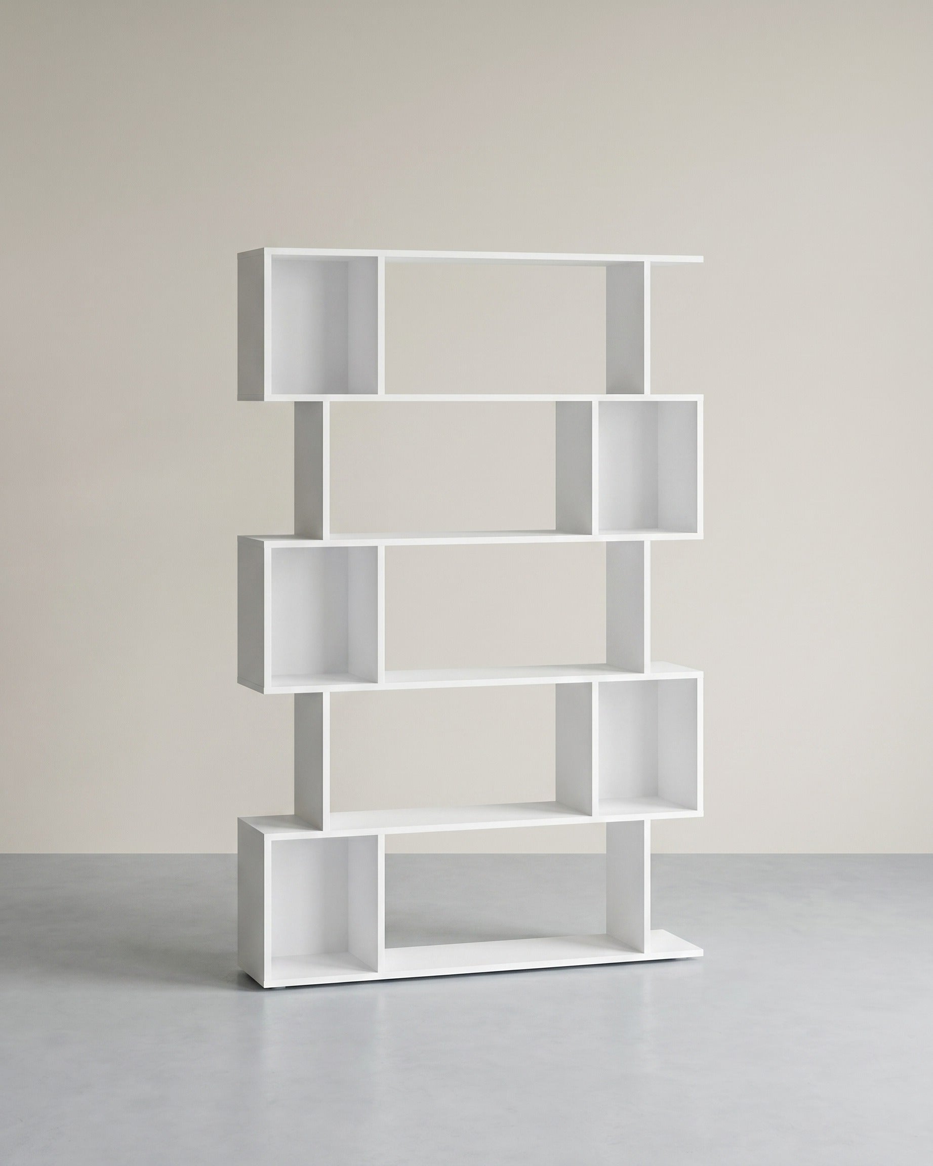 Bücherregal – S-förmiges Design – 5 Ebenen – 90 cm breit – 30 kg Tragkraft pro Ebene – Weiß