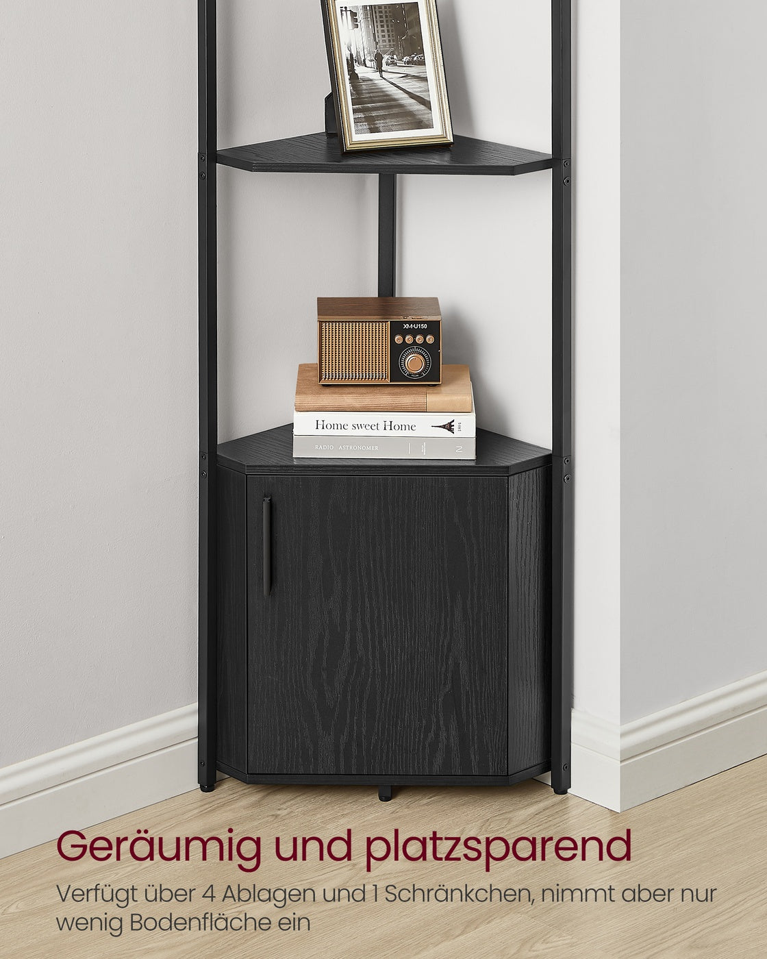 Industrielles Eckregal mit Schrank – 5 Ebenen – Platzsparendes Aufbewahrungsregal – Metall und Holz