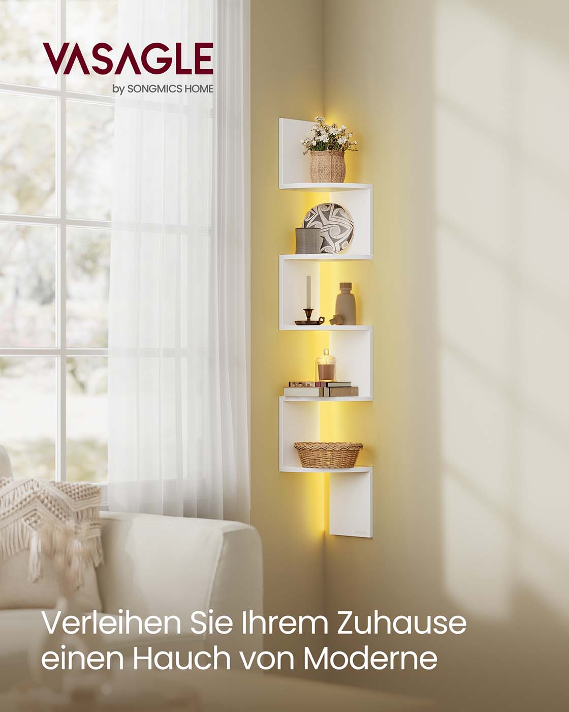 Eckregal mit LED-Beleuchtung und Zickzack-Design – 5 Ebenen, Ambientebeleuchtung und platzsparendes Design