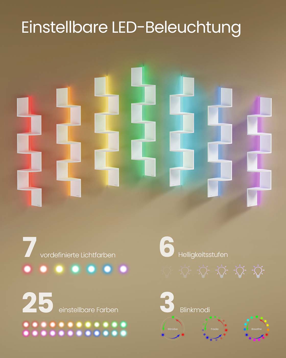 Eckregal mit LED-Beleuchtung und Zickzack-Design – 5 Ebenen, Ambientebeleuchtung und platzsparendes Design