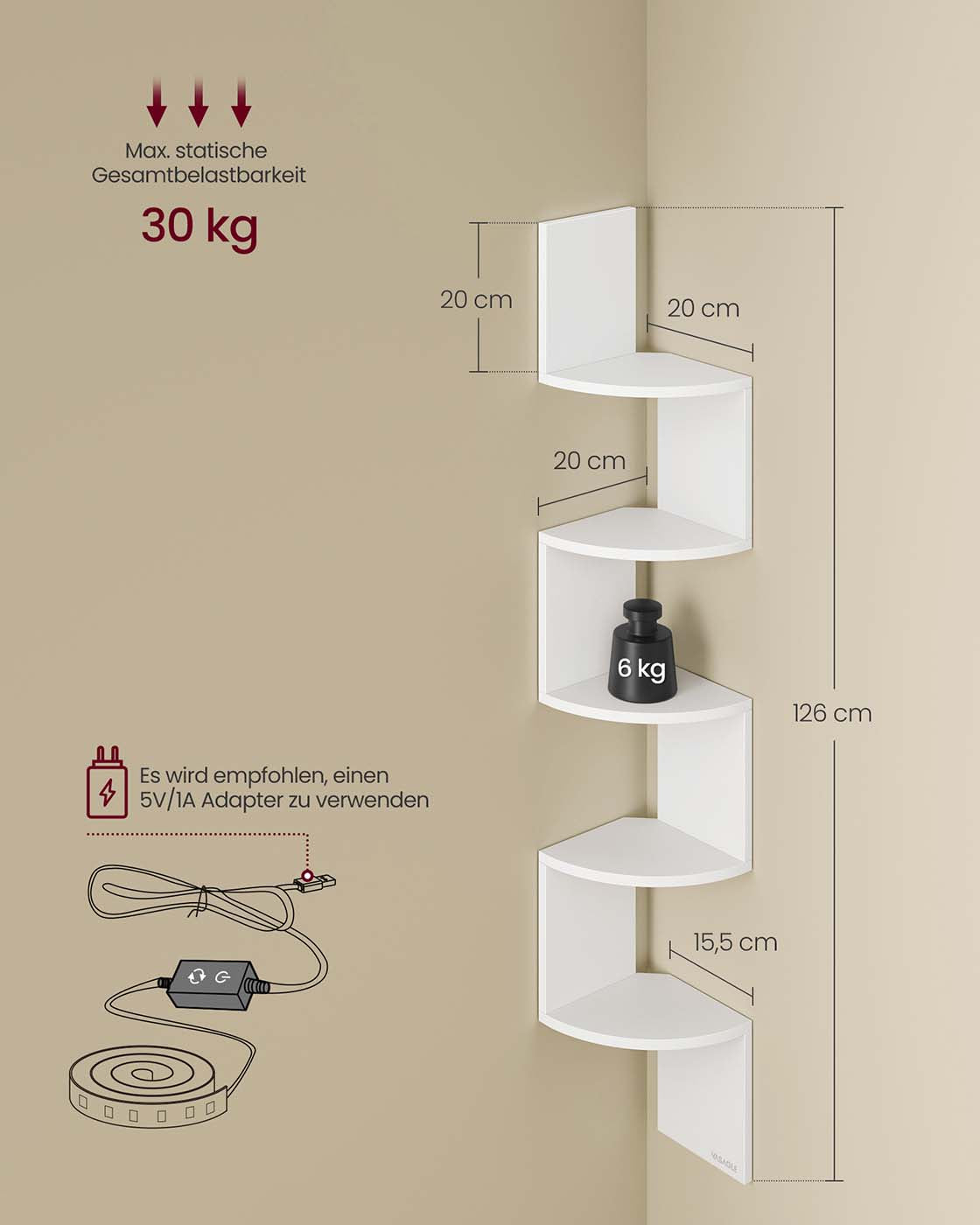 Eckregal mit LED-Beleuchtung und Zickzack-Design – 5 Ebenen, Ambientebeleuchtung und platzsparendes Design