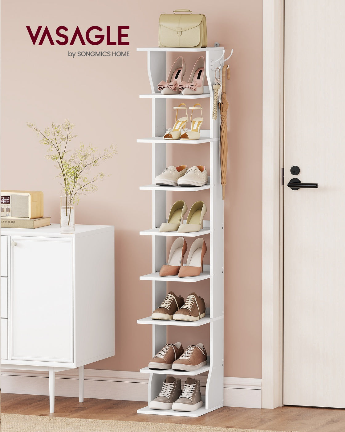 Schmale Schuhablage – 9 Ebenen – Mit Haken – Kompaktes Design – 147 cm hoch – Für Flur oder Schlafzimmer