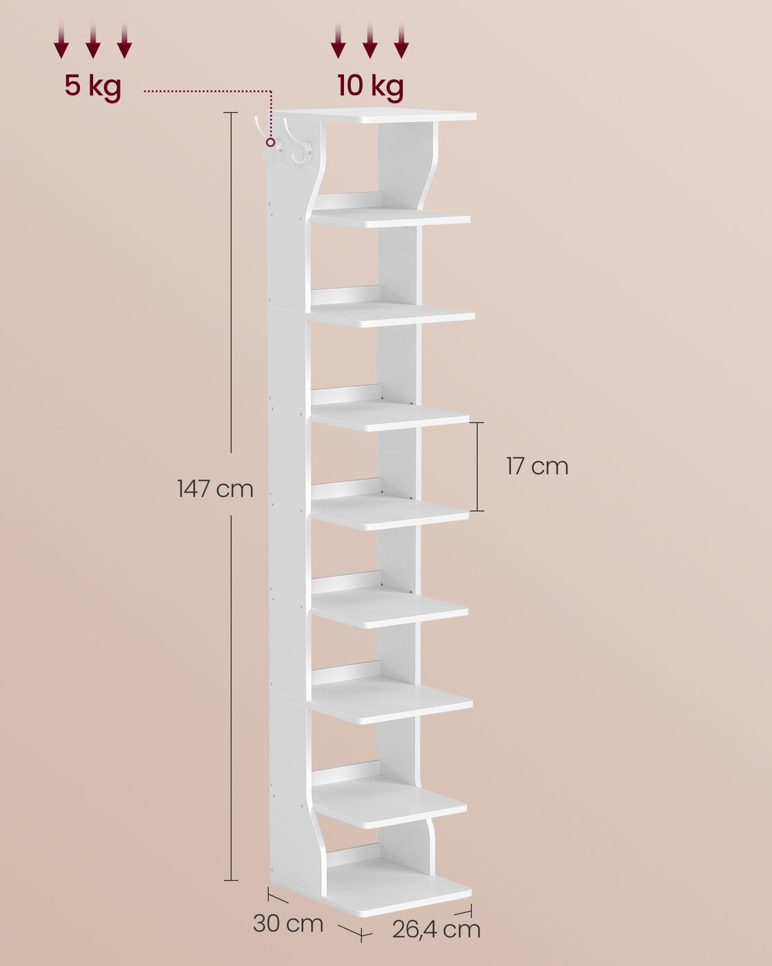 Schmale Schuhablage – 9 Ebenen – Mit Haken – Kompaktes Design – 147 cm hoch – Für Flur oder Schlafzimmer