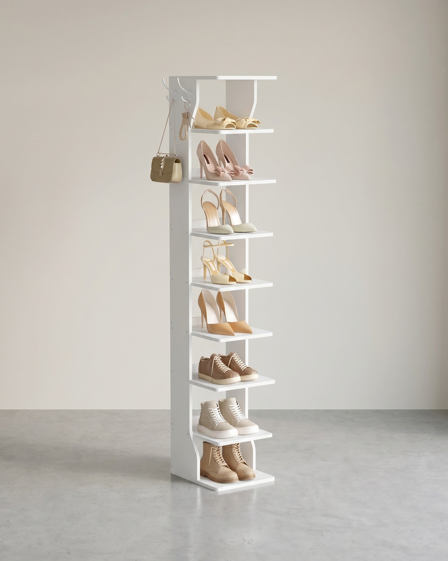 Schmale Schuhablage – 9 Ebenen – Mit Haken – Kompaktes Design – 147 cm hoch – Für Flur oder Schlafzimmer – Standardtitel