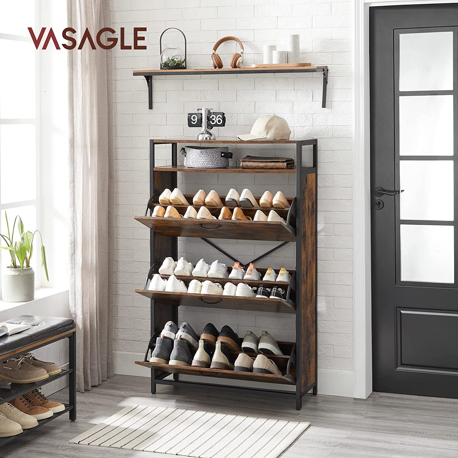 Schuhschrank mit 3 Klappen – Schuhregal – Schuhaufbewahrung im Industriestil mit Stahl- und Holzoptik