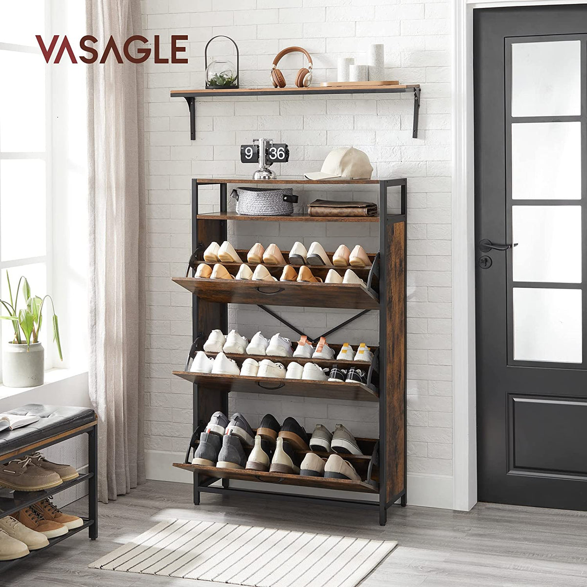 Schuhschrank mit 3 Klappen – Schuhregal – Schuhaufbewahrung im Industriestil mit Stahl- und Holzoptik