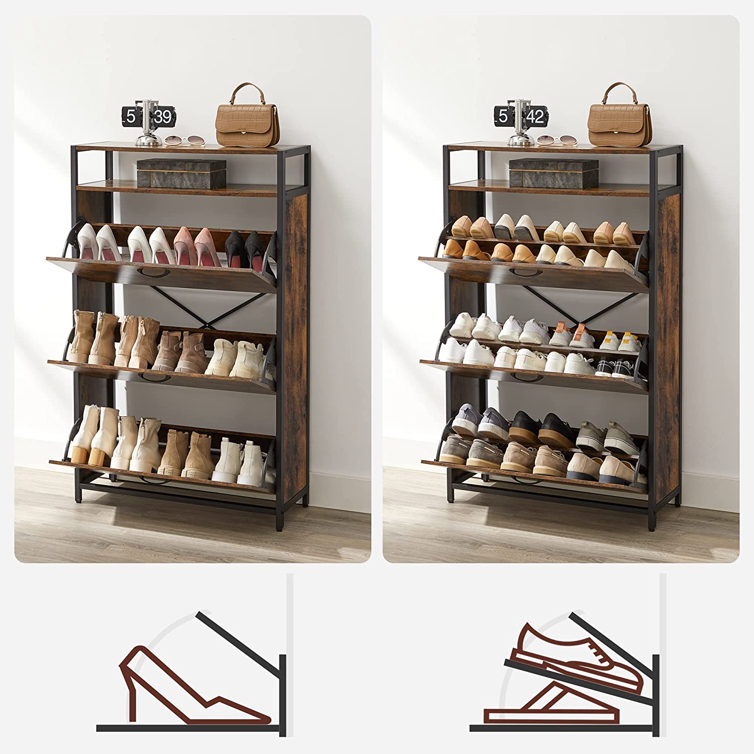 Schuhschrank mit 3 Klappen – Schuhregal – Schuhaufbewahrung im Industriestil mit Stahl- und Holzoptik