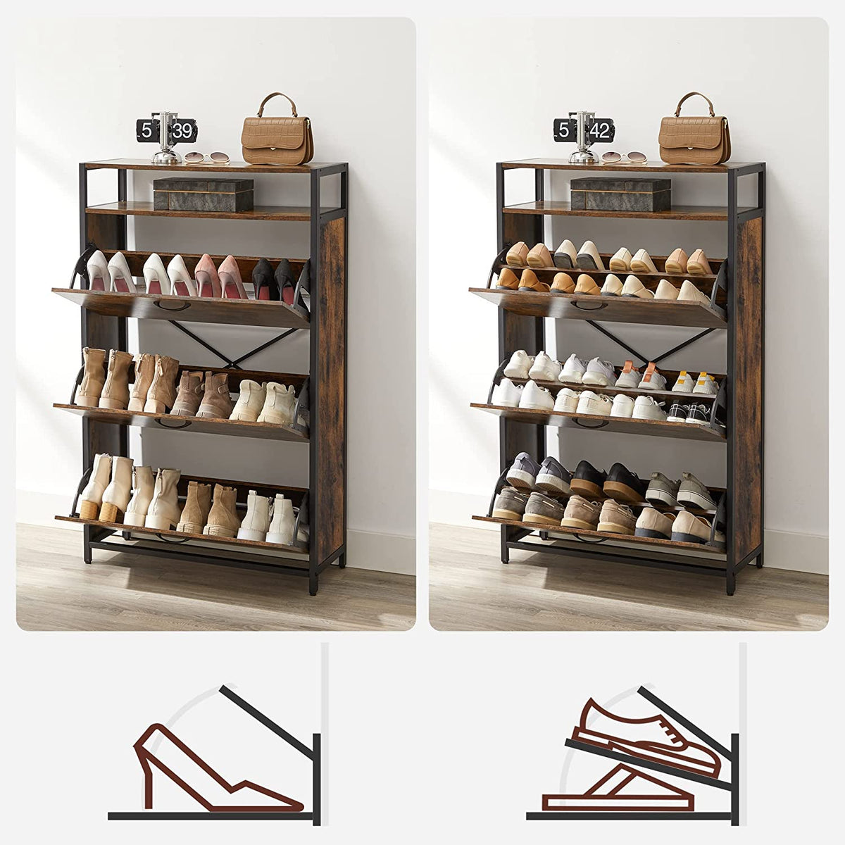Schuhschrank mit 3 Klappen – Schuhregal – Schuhaufbewahrung im Industriestil mit Stahl- und Holzoptik