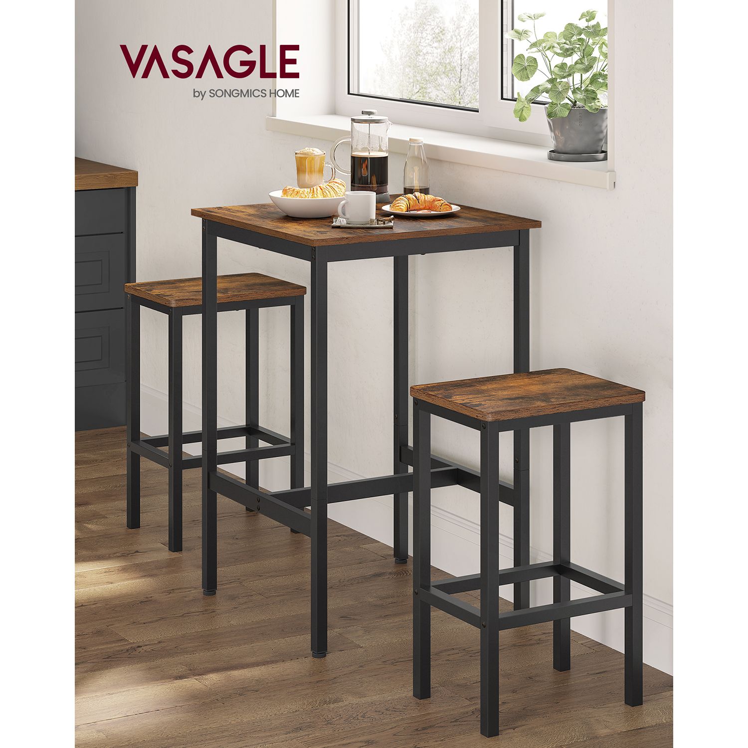 Esstische – Esstisch Mit 2 Stühlen – Kleiner Küchentisch 60 x 60 x 90 cm – Barhocker 30 x 40 x 65 cm – Industrielles Design