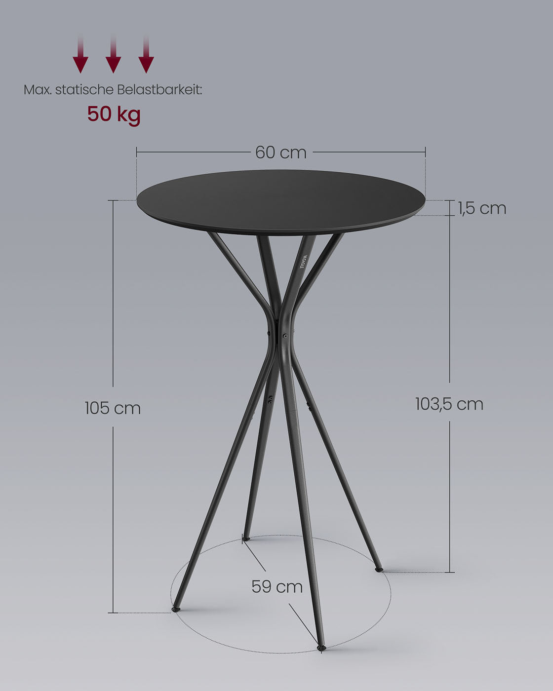 Schwarzer Stehtisch mit X-Beinen – 60 x 60 x 105 cm – Metallgestell – MDF-Tischplatte – Bis 50 kg belastbar