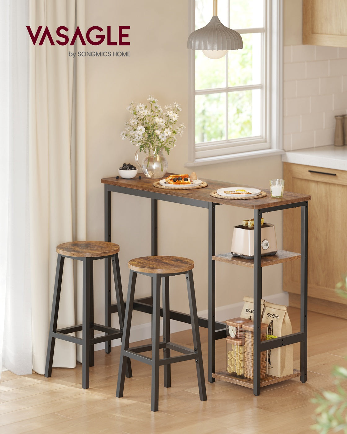 Bartisch mit 2 Barhockern – Essgruppe mit Ablagefach – Industriedesign – Kompaktes und robustes Design