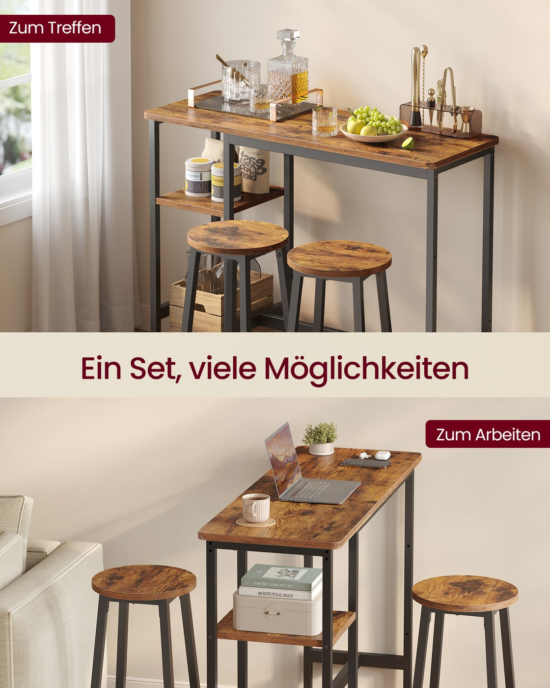 Bartisch mit 2 Barhockern – Essgruppe mit Ablagefach – Industriedesign – Kompaktes und robustes Design