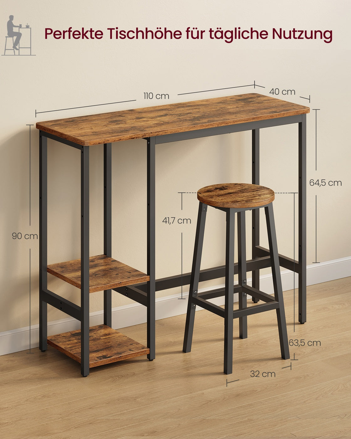 Bartisch mit 2 Barhockern – Essgruppe mit Ablagefach – Industriedesign – Kompaktes und robustes Design
