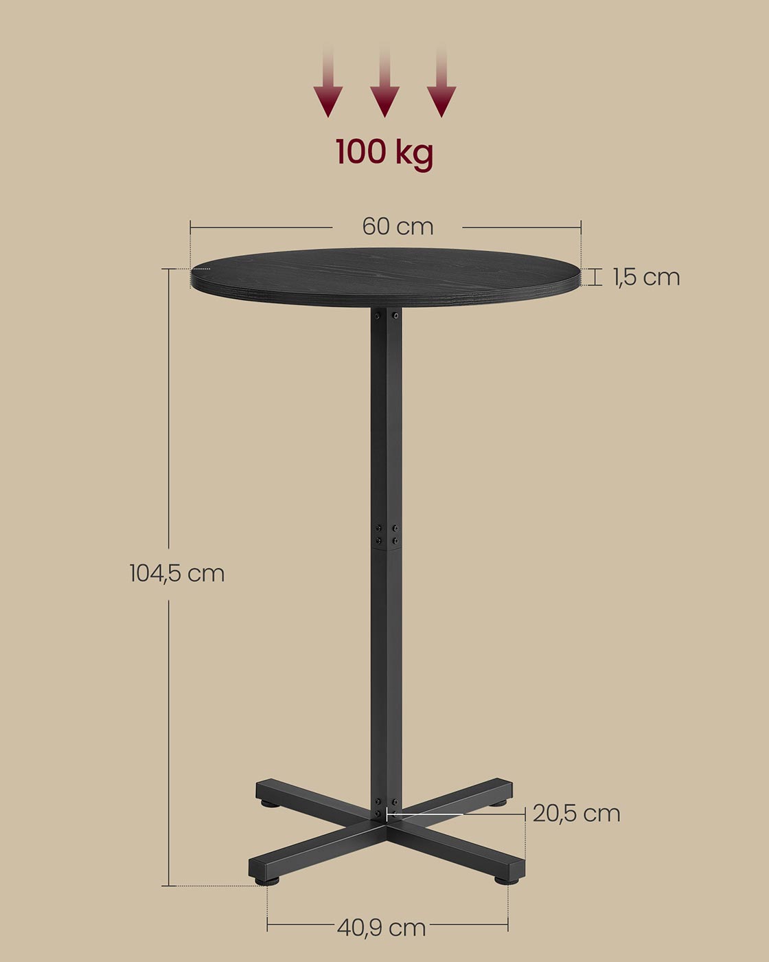 Stehtisch 60 x 60 cm – Modernes Design – Stabil & platzsparend – Für 2-3 Personen