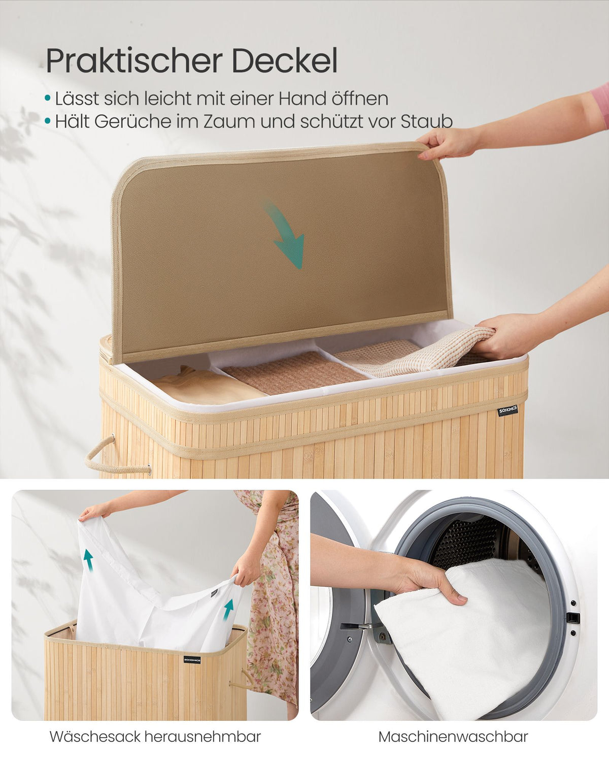 Wäschekorb mit Deckel – 100 Liter – Bambus – Herausnehmbarer Wäschesack – Griffe