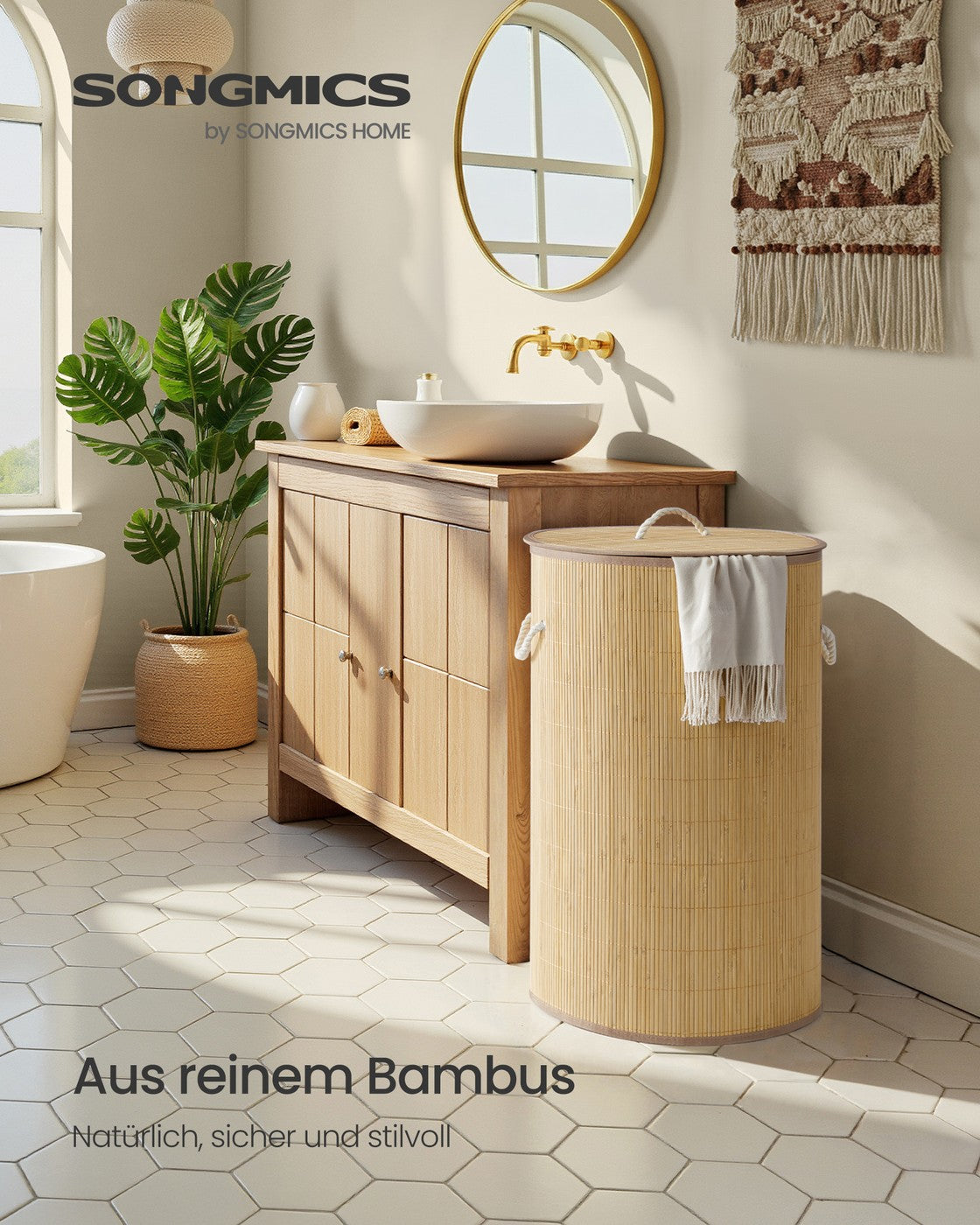 Wäschekorb – Bambus – Rechteckig – Klappbar – 60 Liter – Herausnehmbarer Wäschesack