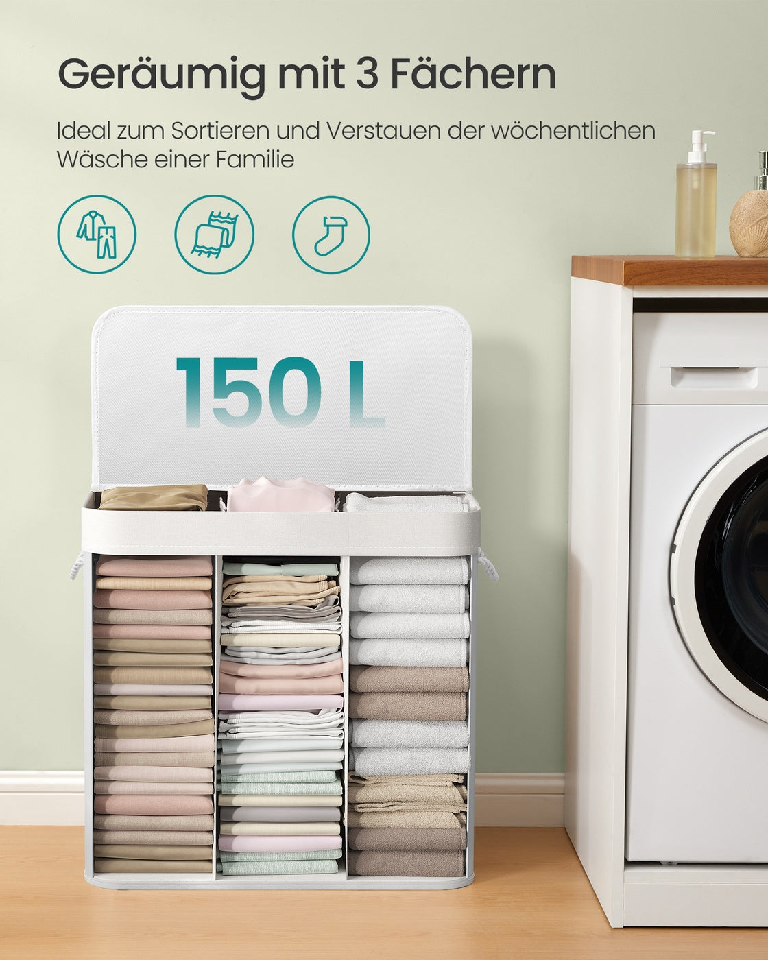 Bambus-Wäschekorb mit Deckel und 3 Fächern - 150 Liter