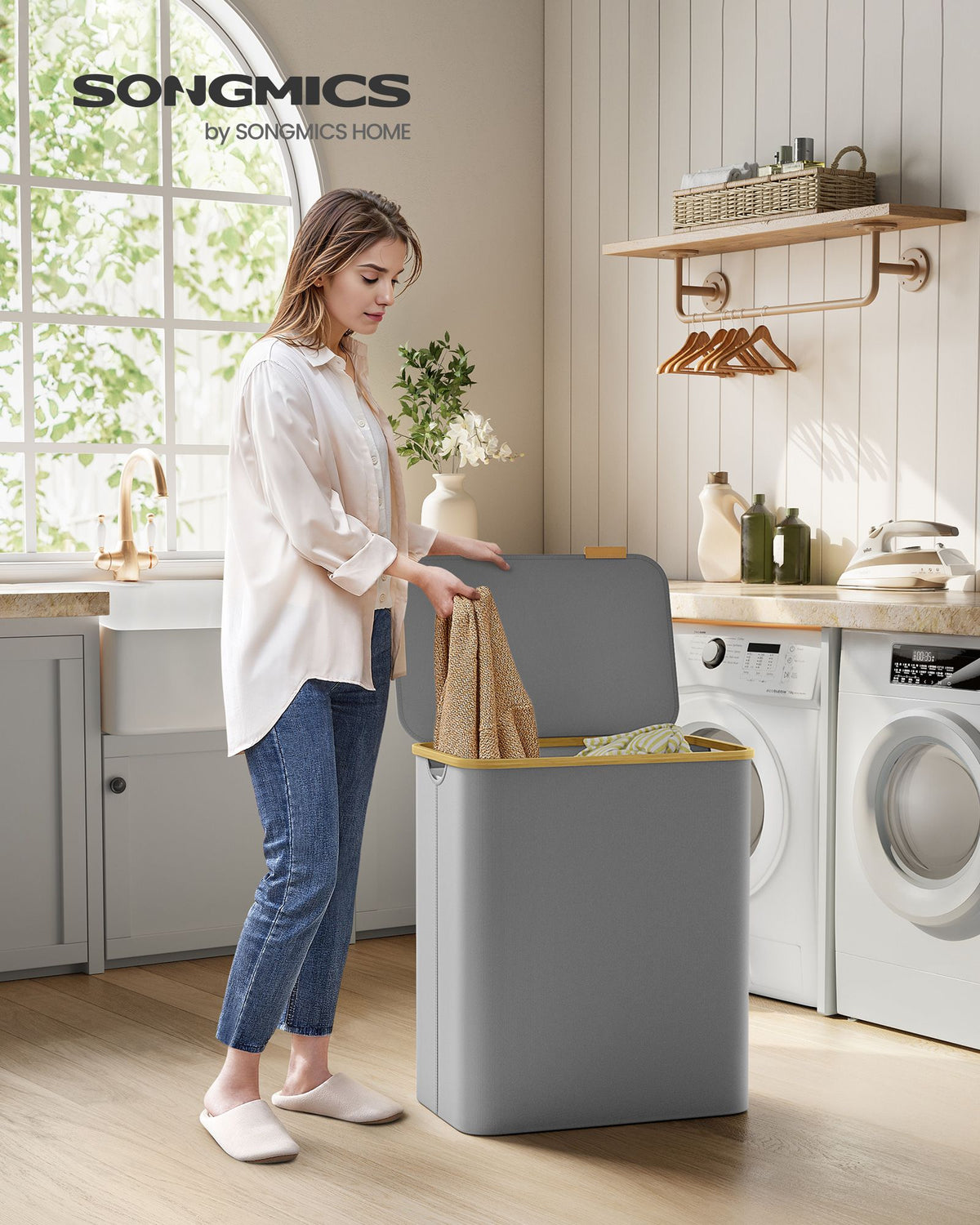 Wäschekorb – 3 Fächer – Deckel – Faltbar – Oxford-Gewebe – Bambusgriffe – 60 x 38,5 x 70,5 cm – 2,4 kg – Tragkraft: 20 kg