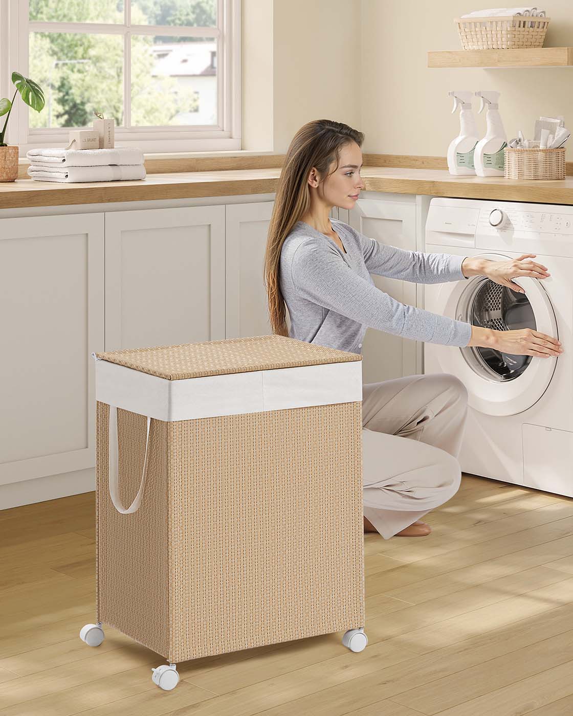 Wäschekorb mit 2 Fächern – 100 L – mit Rollen, Deckel und herausnehmbarem Wäschesack – Rattanoptik – Naturbeige