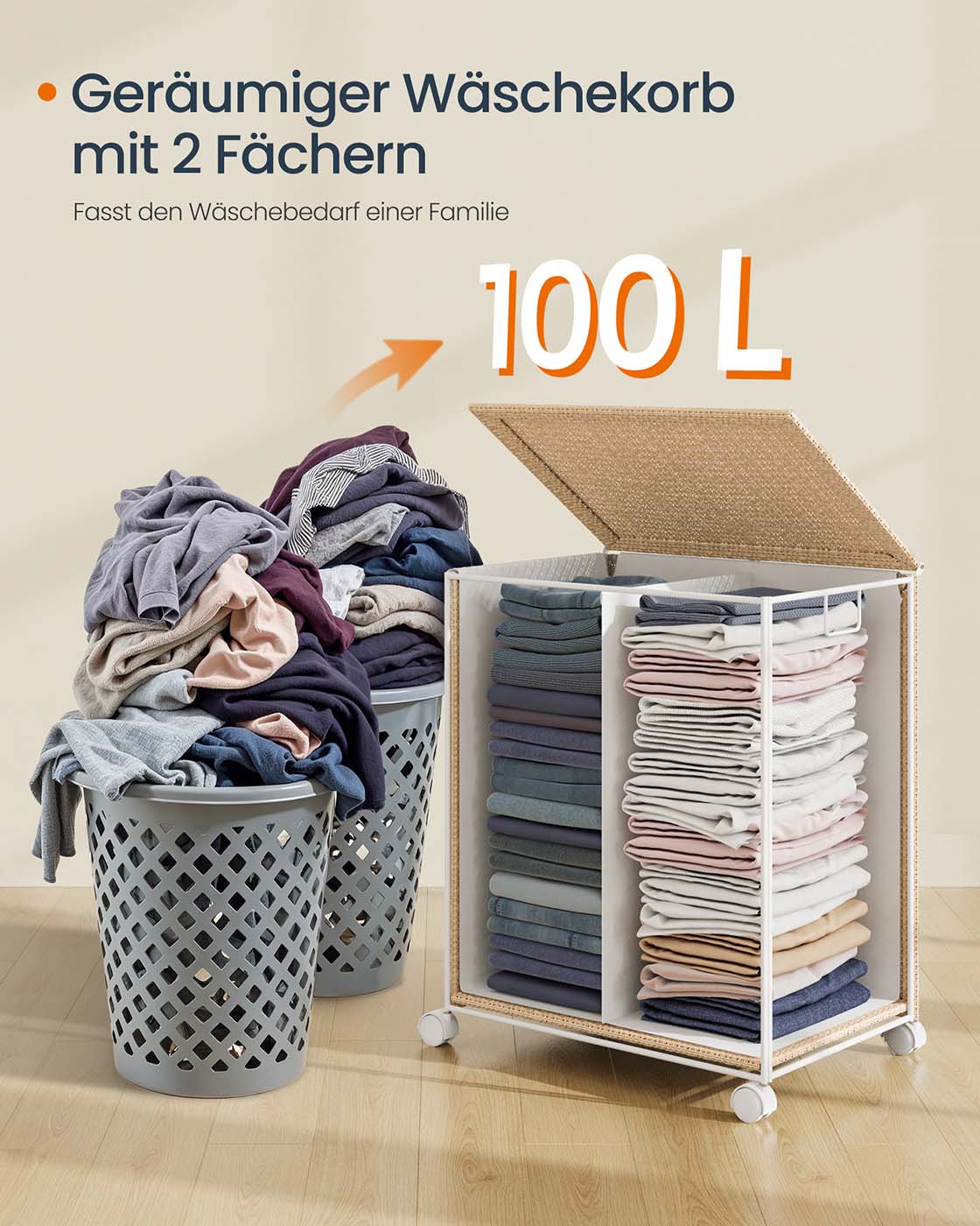Wäschekorb mit 2 Fächern – 100 L – mit Rollen, Deckel und herausnehmbarem Wäschesack – Rattanoptik – Naturbeige