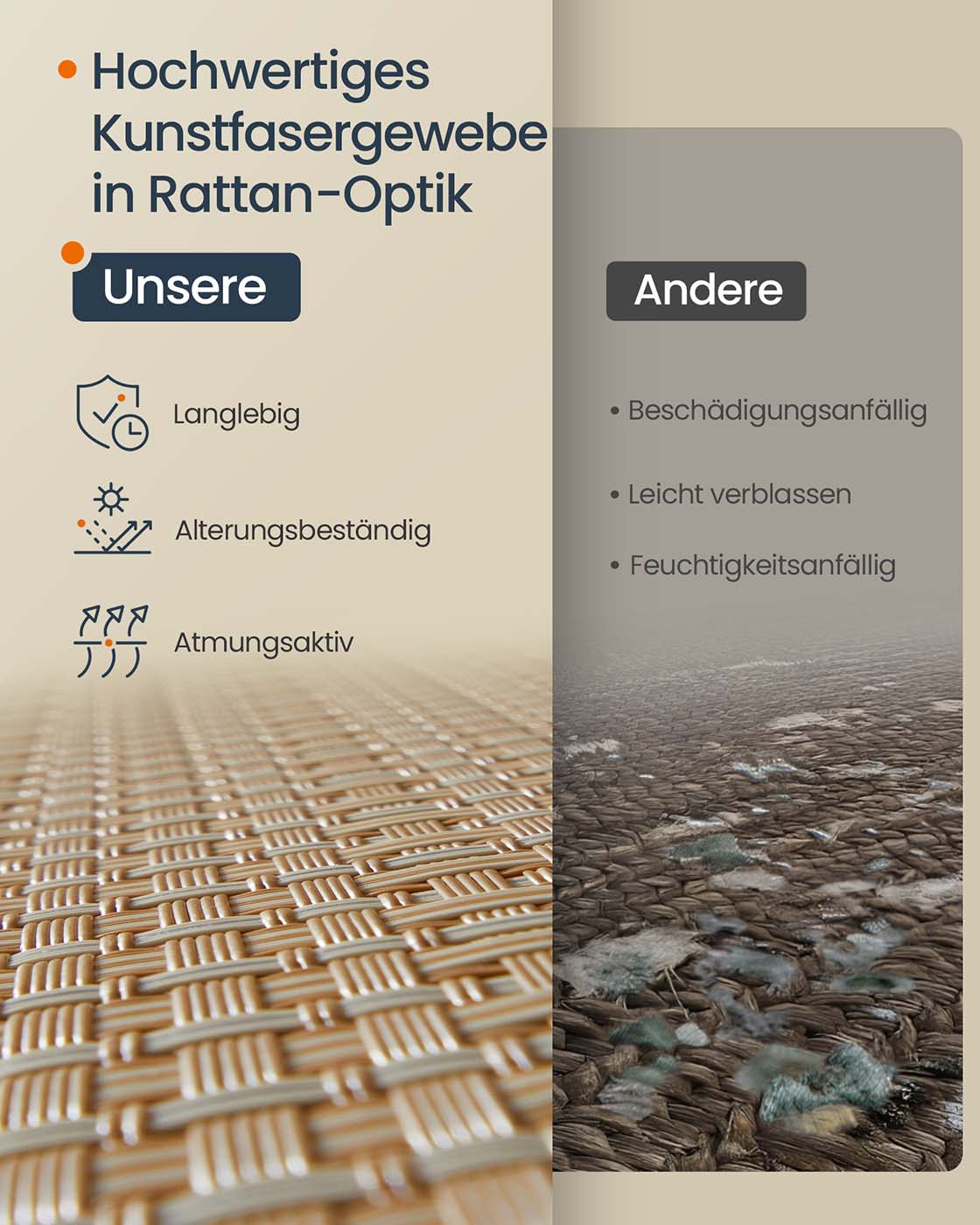 Wäschekorb mit 3 Fächern – 140 L – mit Rollen, Deckel und herausnehmbarem Wäschesack – Rattanoptik – Naturbeige