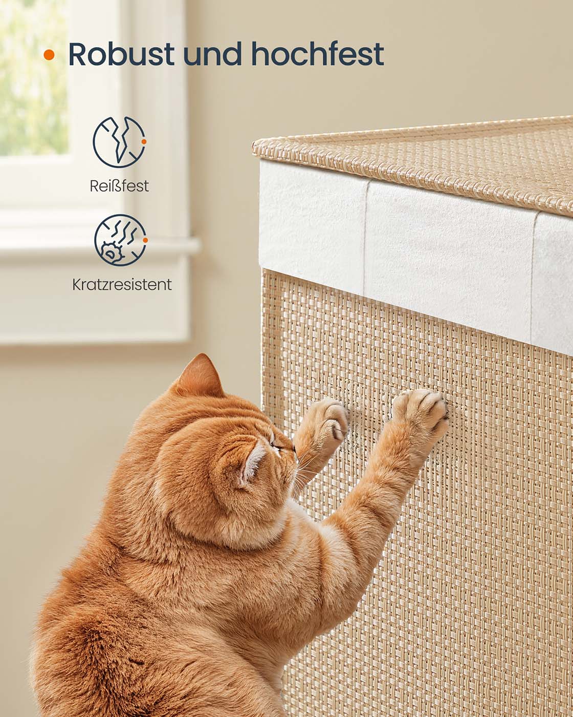 Wäschekorb mit 3 Fächern – 140 L – mit Rollen, Deckel und herausnehmbarem Wäschesack – Rattanoptik – Naturbeige