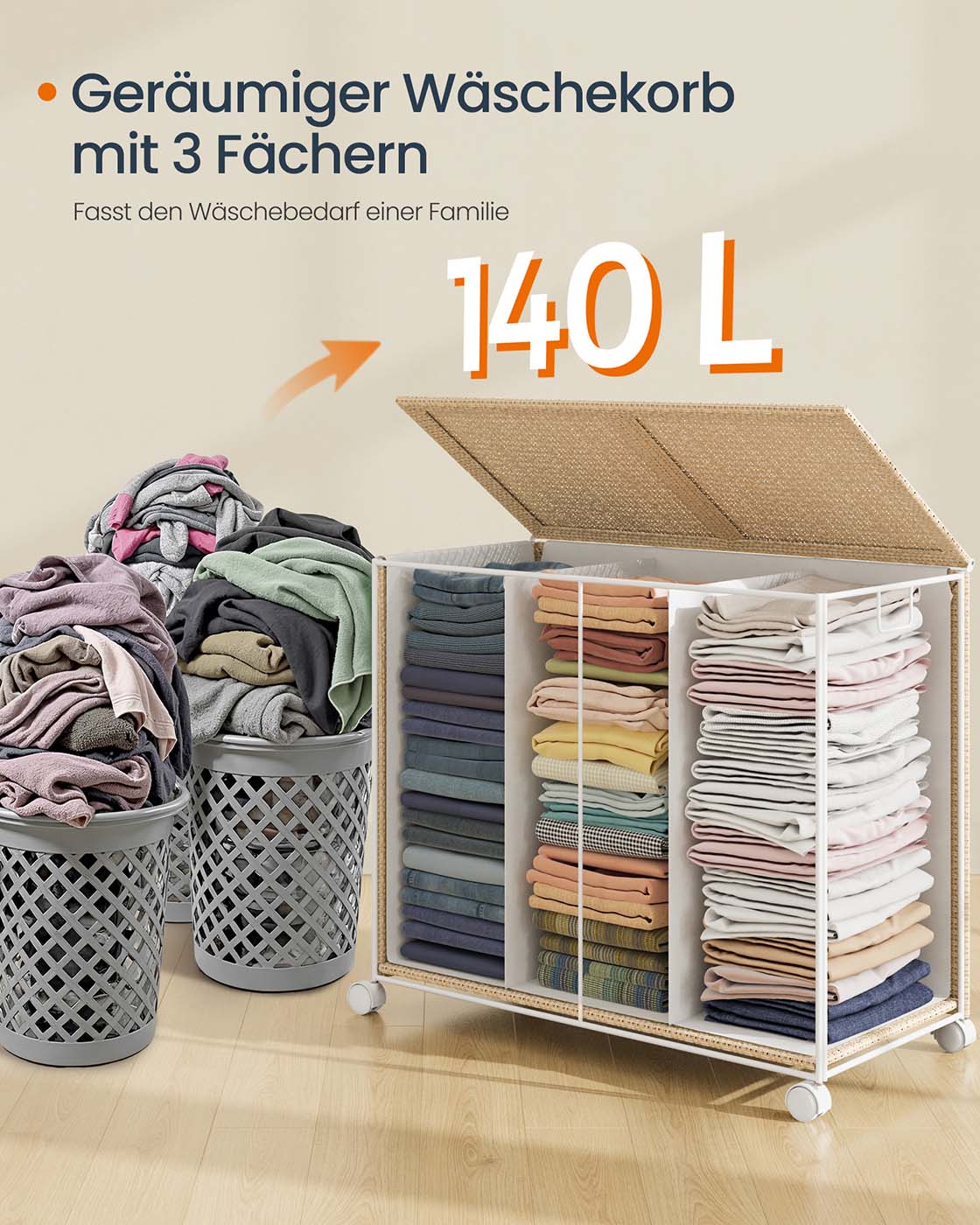 Wäschekorb mit 3 Fächern – 140 L – mit Rollen, Deckel und herausnehmbarem Wäschesack – Rattanoptik – Naturbeige