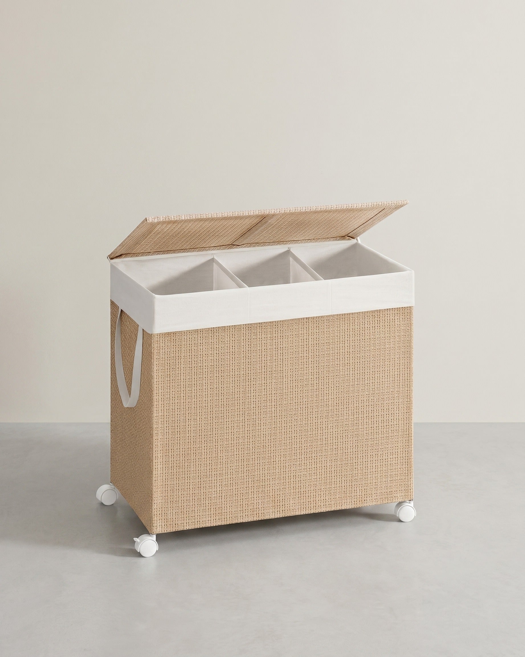 Wäschekorb mit 3 Fächern – 140 L – mit Rollen, Deckel und herausnehmbarem Wäschesack – Rattanoptik – Naturbeige