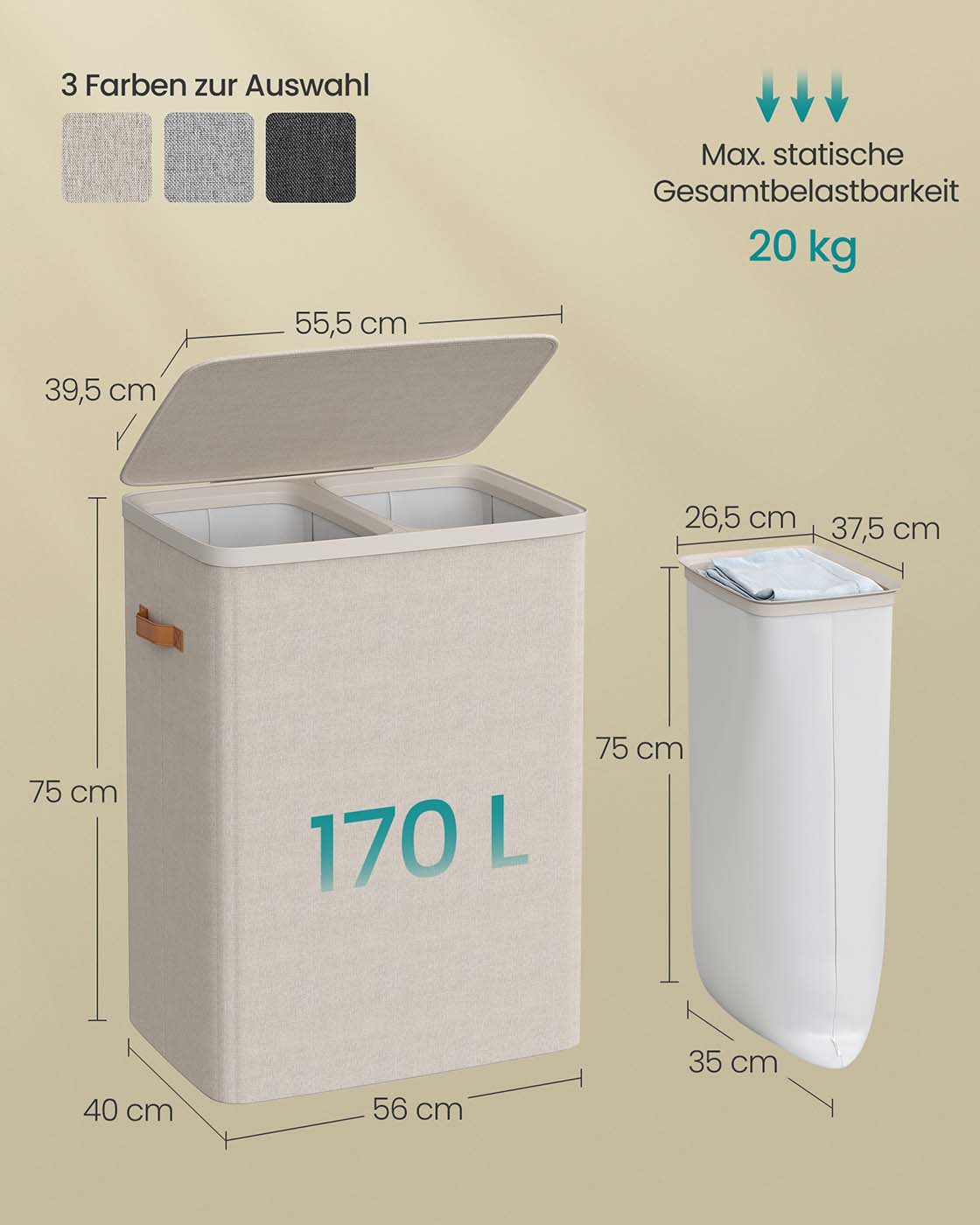 Wäschekorb mit 2 Fächern – 170 Liter – Mit Deckel und Griffen
