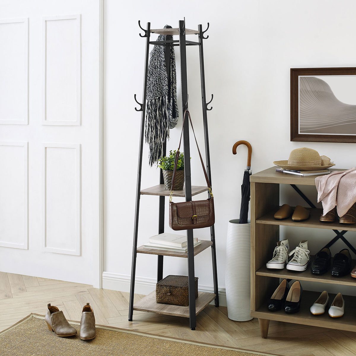 Garderobenständer – Vintage-Garderobe – mit Ablagen, Haken und Kleiderstange – stabil
