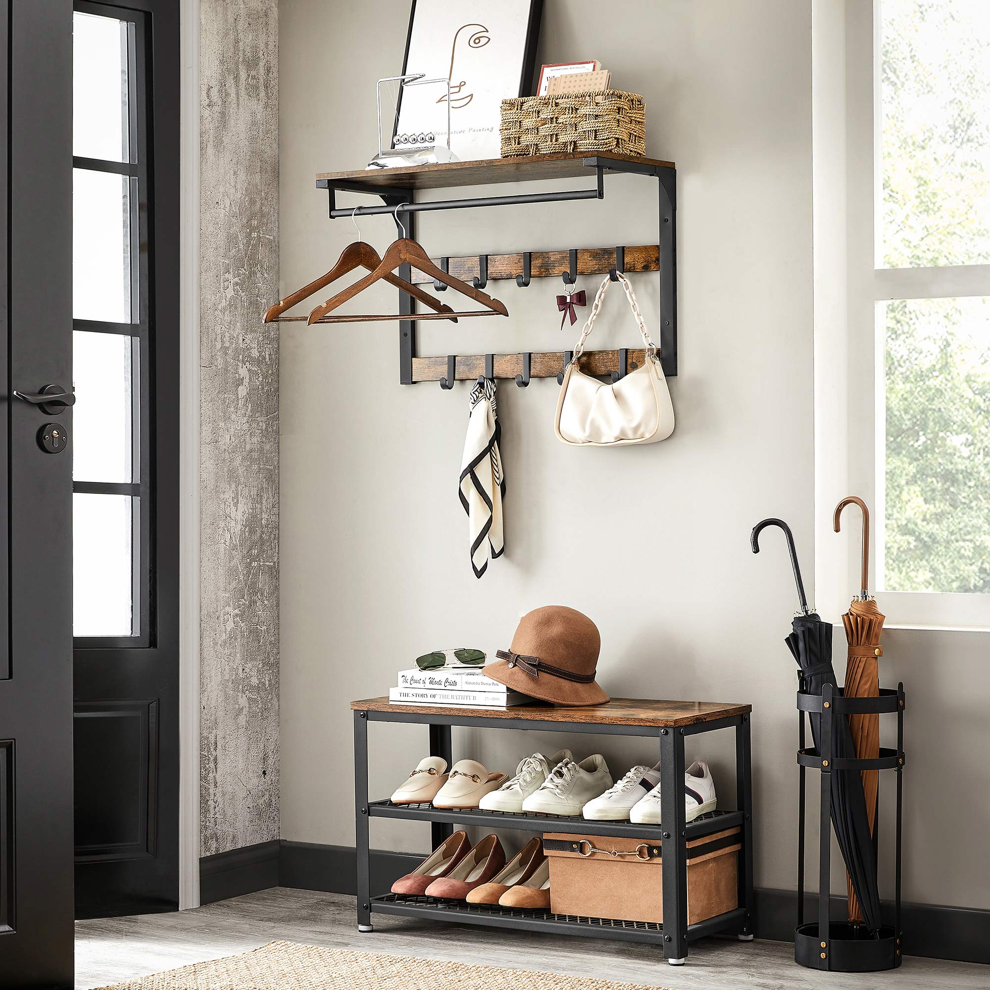 Wandgarderobe – Industriedesign – Mit Ablage, Kleiderstange und 10 Haken – Platzsparende Wandgarderobe