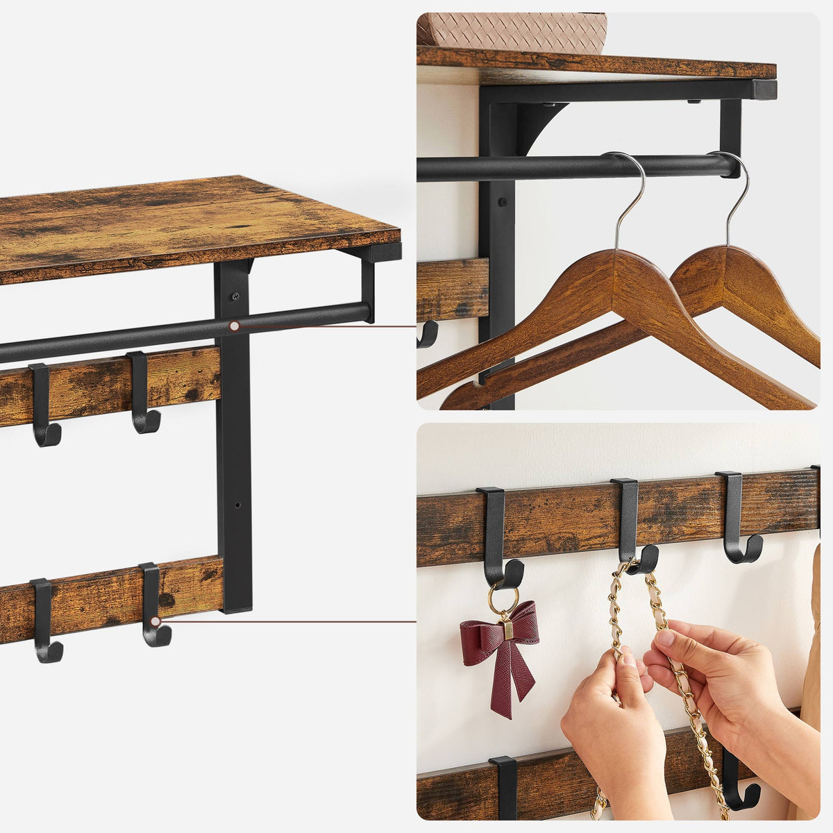 Wandgarderobe – Industriedesign – Mit Ablage, Kleiderstange und 10 Haken – Platzsparende Wandgarderobe