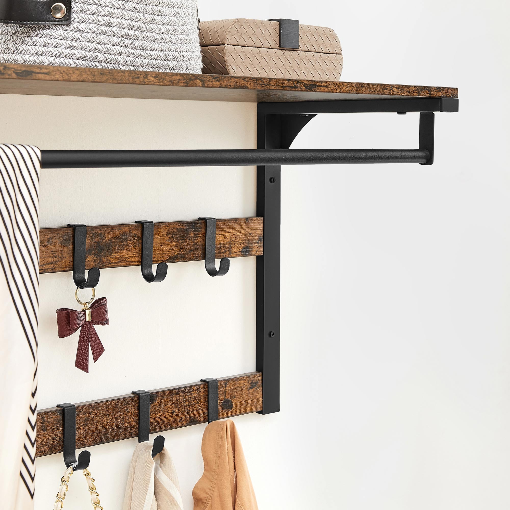 Wandgarderobe – Industriedesign – Mit Ablage, Kleiderstange und 10 Haken – Platzsparende Wandgarderobe