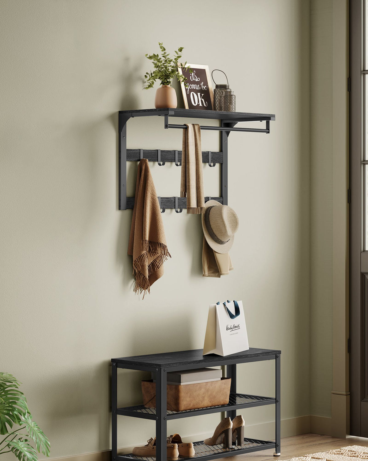 Wandgarderobe – Industriedesign – Mit Ablage, Kleiderstange und 10 Haken – Platzsparende Wandgarderobe