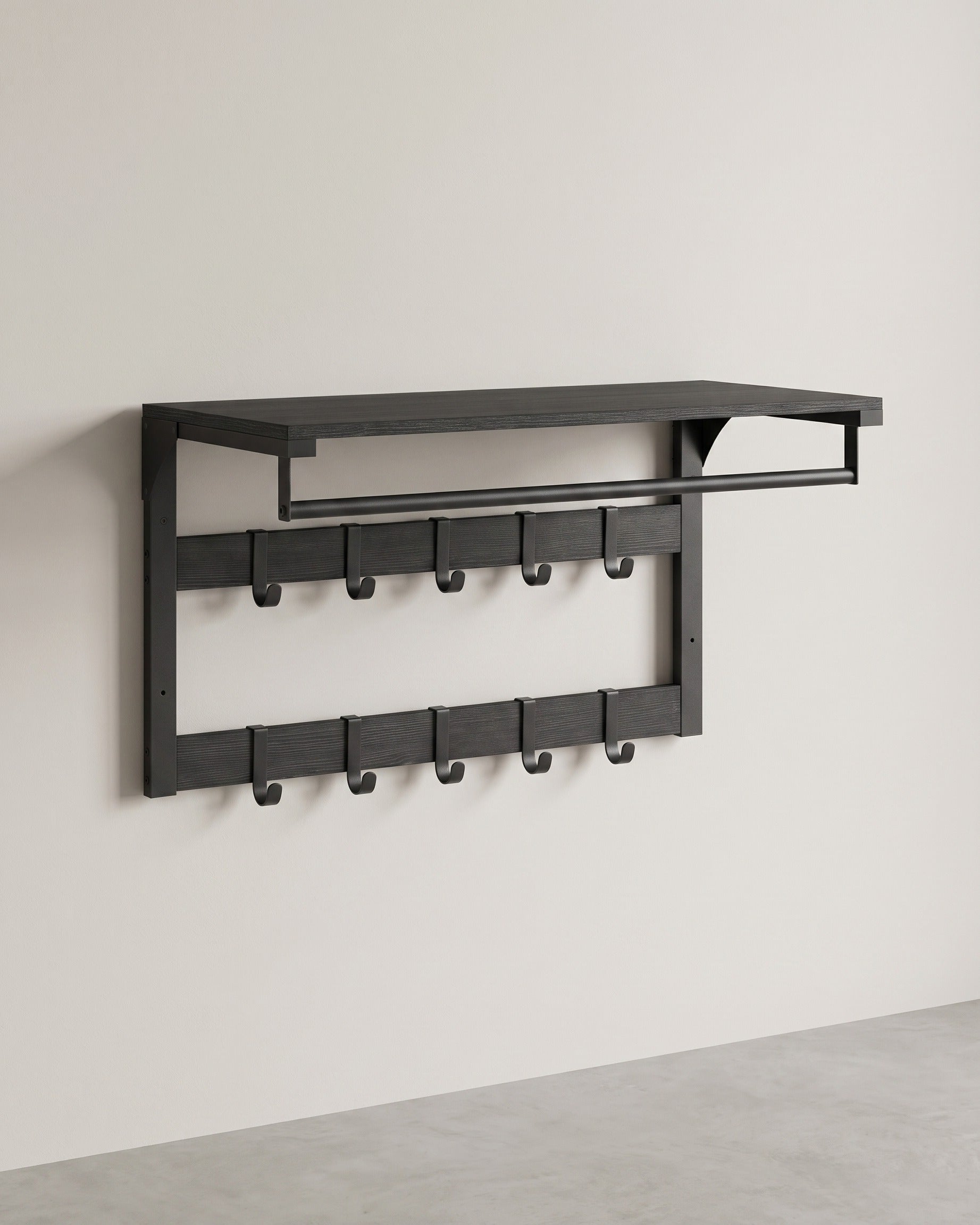 Wandgarderobe – Industriedesign – Mit Ablage, Kleiderstange und 10 Haken – Platzsparende Wandgarderobe – Schwarz