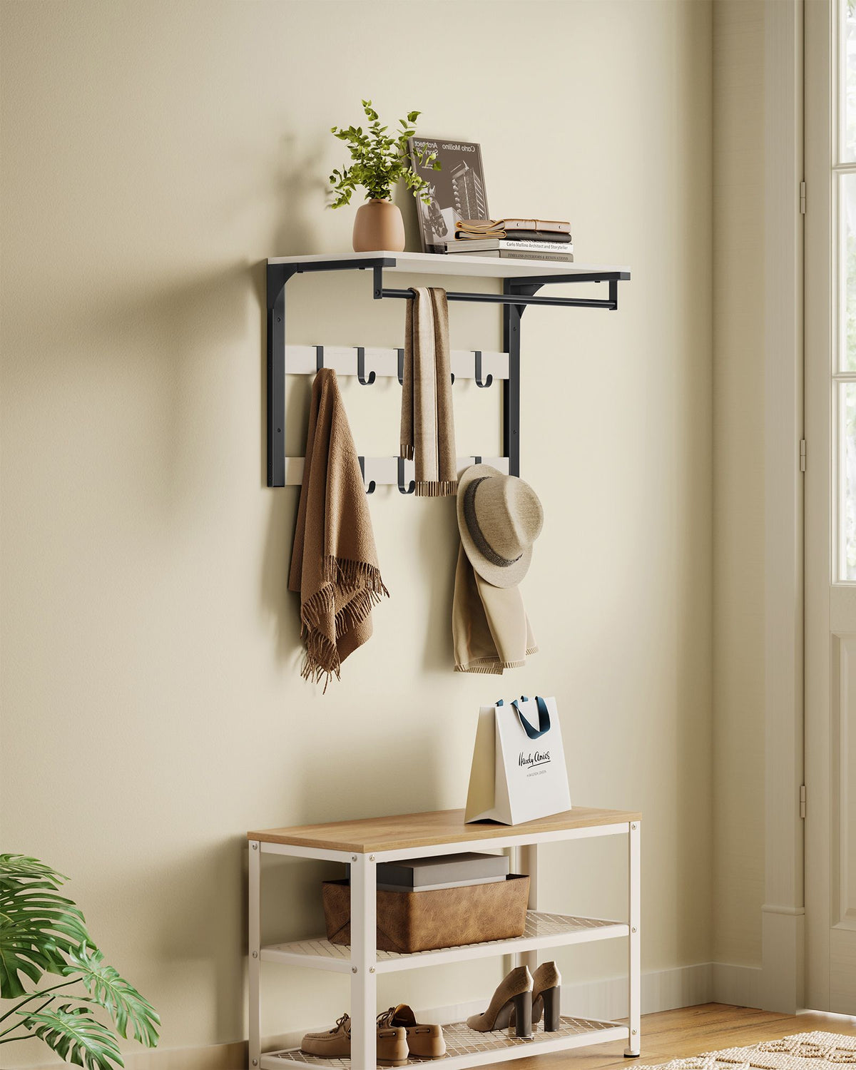 Wandgarderobe – Industriedesign – Mit Ablage, Kleiderstange und 10 Haken – Platzsparende Wandgarderobe