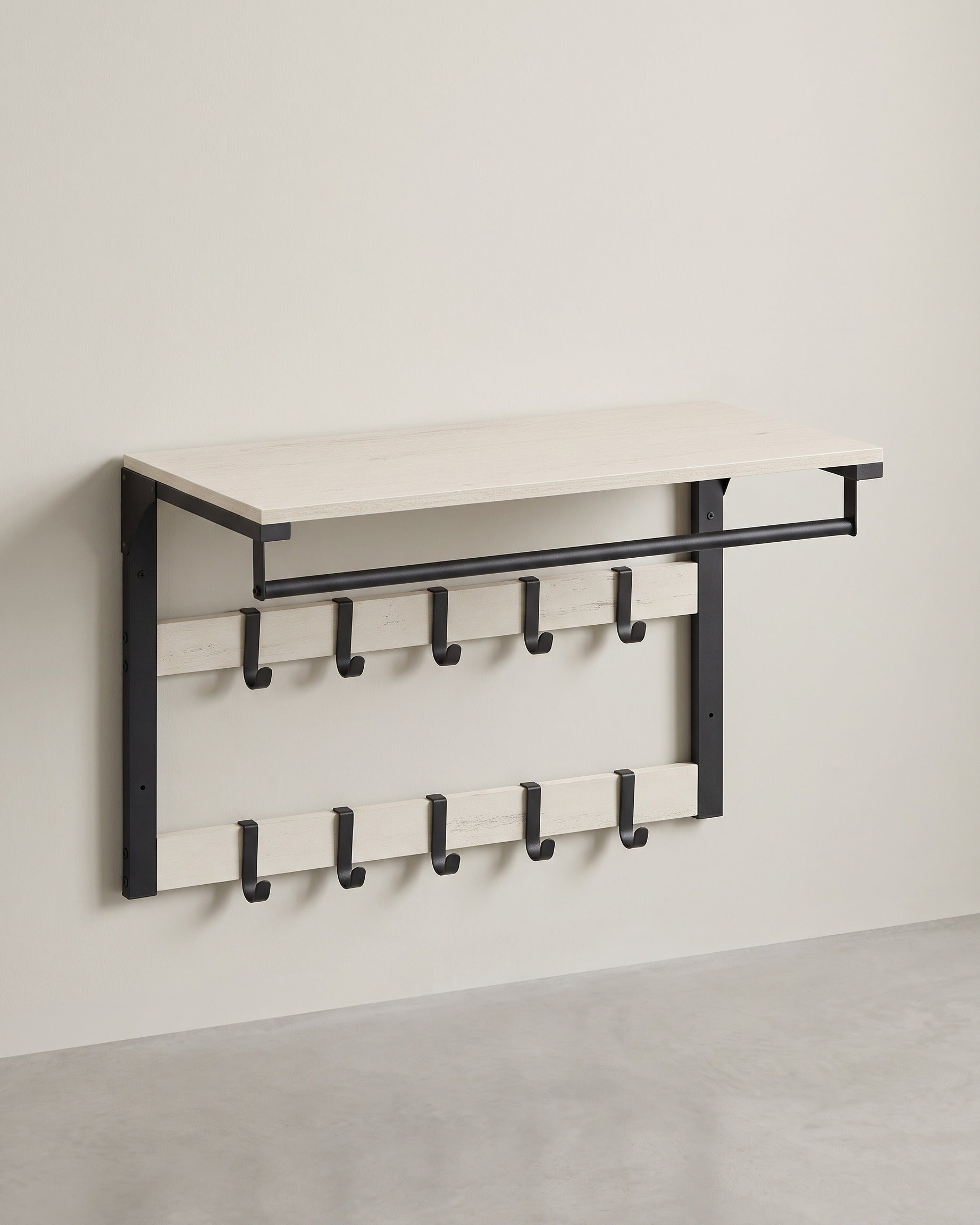 Wandgarderobe – Industriedesign – Mit Ablage, Kleiderstange und 10 Haken – Platzsparende Wandgarderobe – Cremefarben