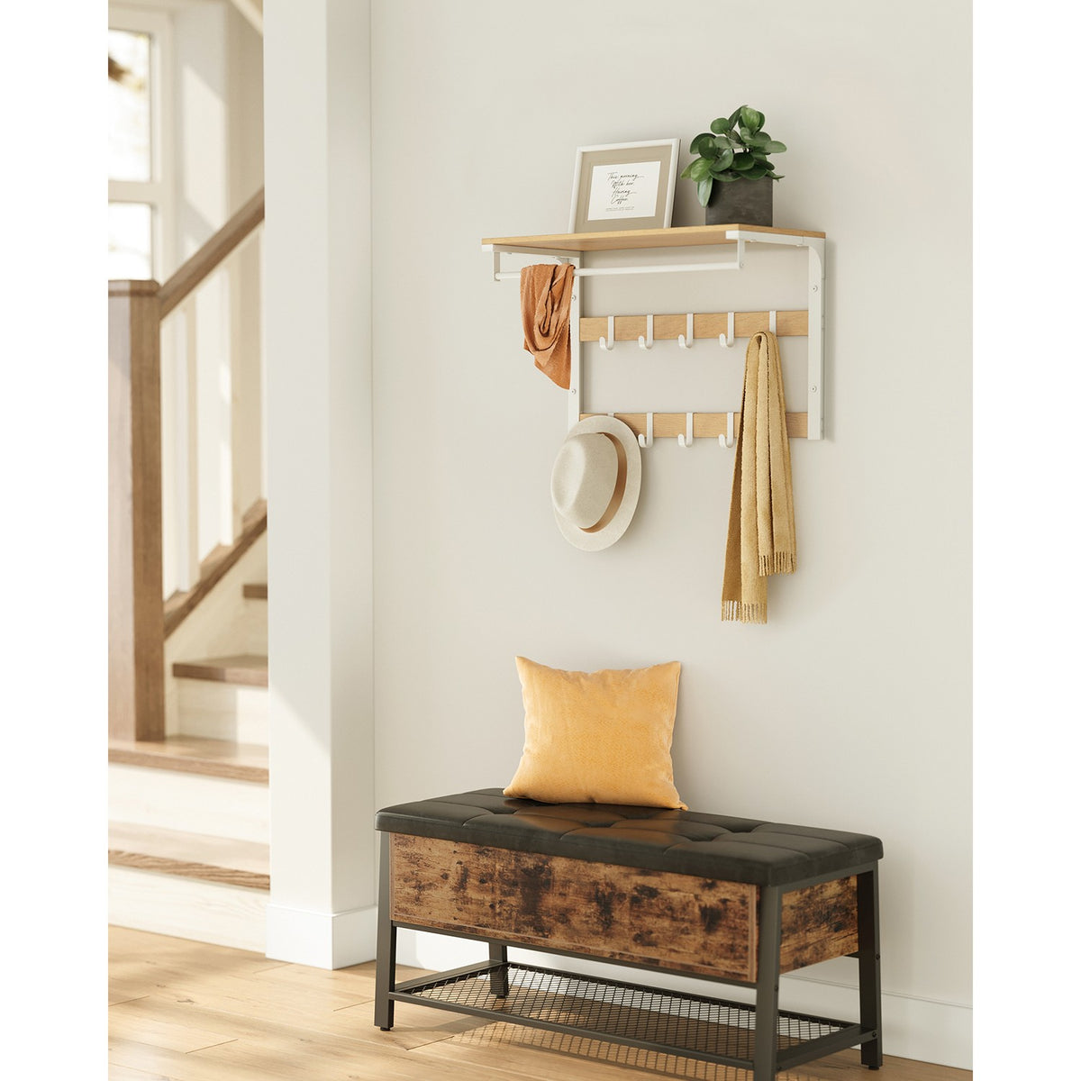 Wandgarderobe – Industriedesign – Mit Ablage, Kleiderstange und 10 Haken – Platzsparende Wandgarderobe