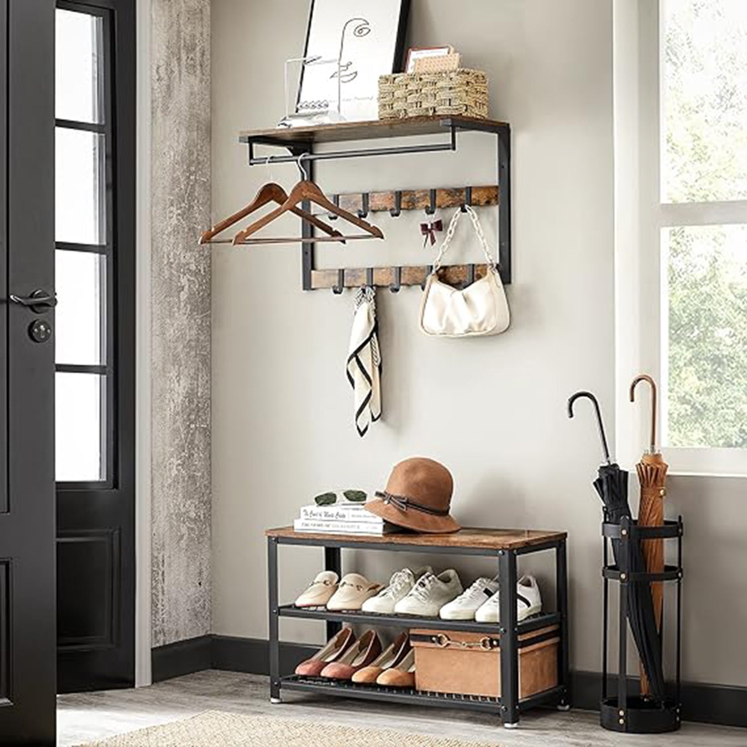 Wandgarderobe und Schuhbank-Set – Industriedesign – Platzsparende Flurlösung