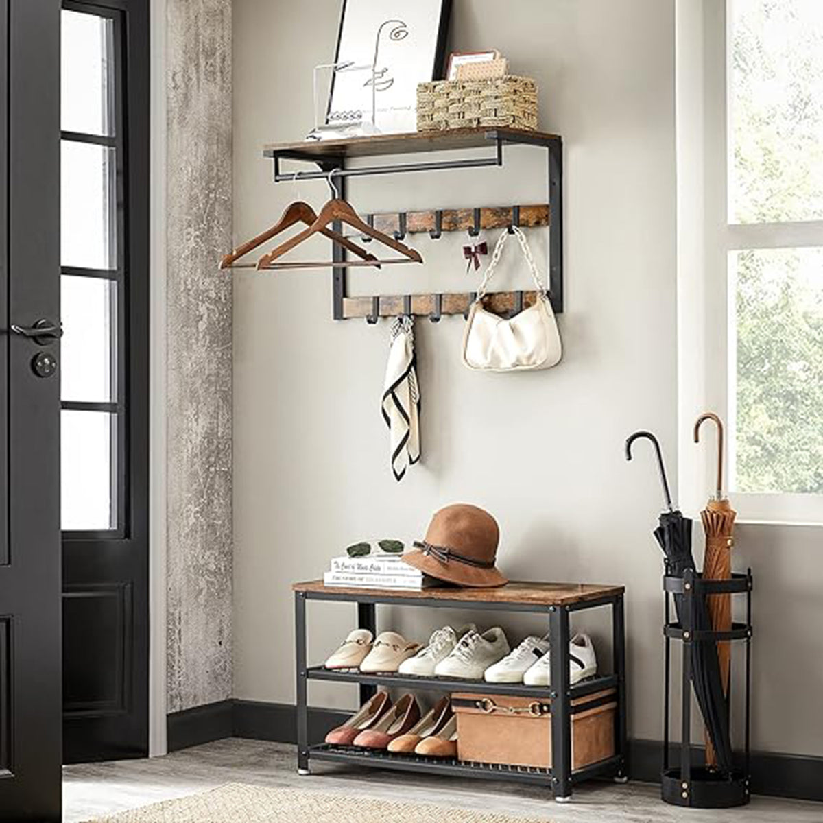 Wandgarderobe und Schuhbank-Set – Industriedesign – Platzsparende Flurlösung